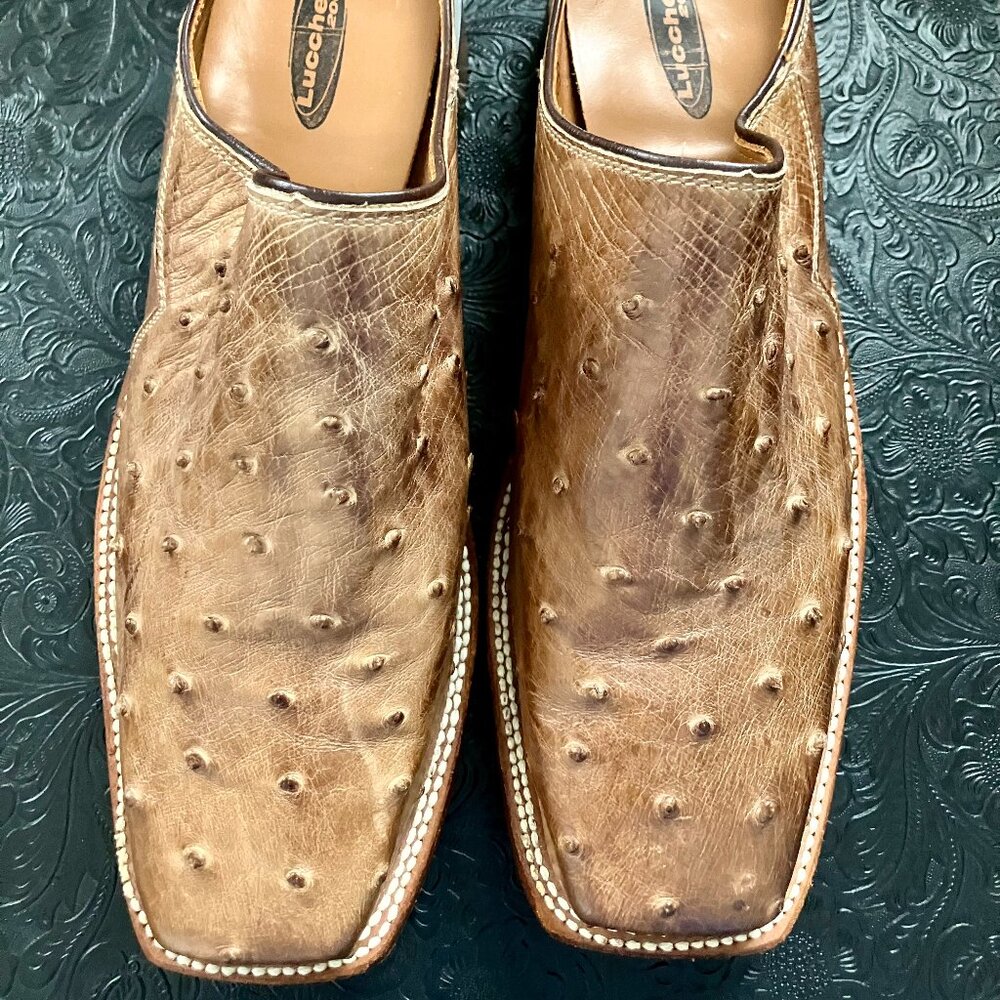 LUCCHESE 2000 Square Toe Full Quill Ostrich Mules 8.5 B